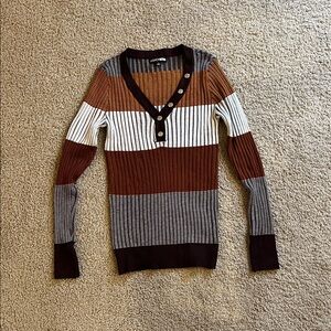 Striped V-Neck Sweater with Button Detail